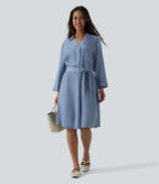 Robe courte casual denim en lyocell col V manches longues avec nœud devant et poches