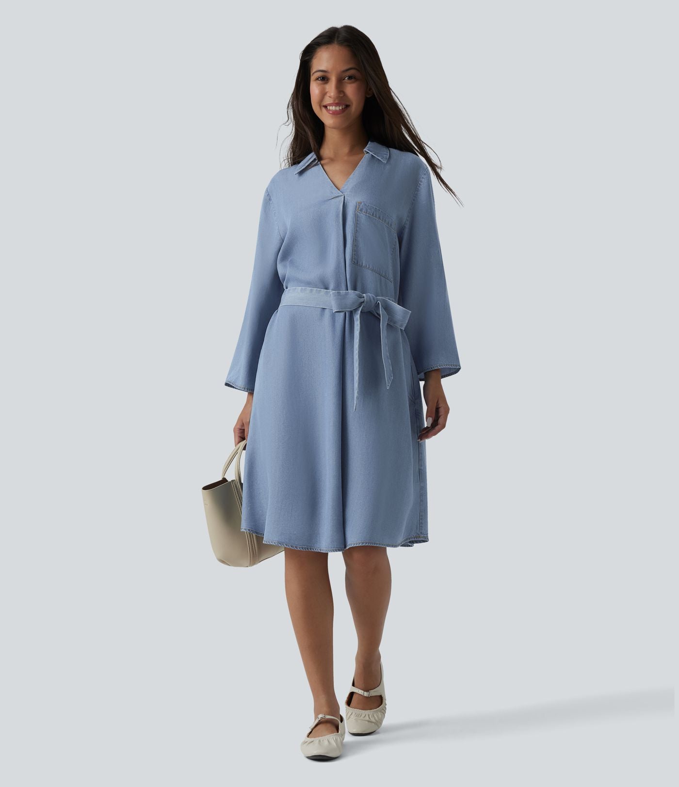 Robe courte casual denim en lyocell col V manches longues avec nœud devant et poches