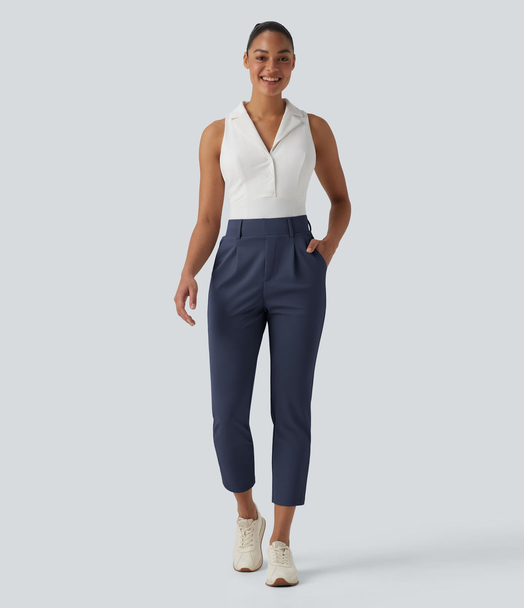 Pantalon de golf fuselé crêpe taille haute avec poches