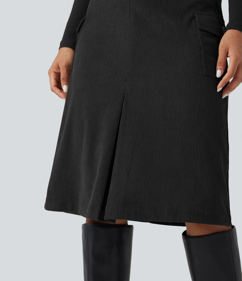 Jupe midi décontractée ligne A en velours côtelé taille haute avec poches