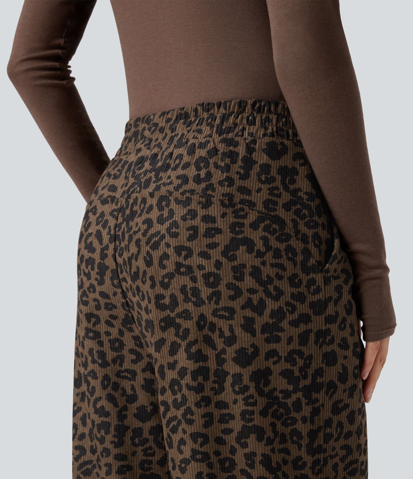 Pantalon léopard velours côtelé imprimé coupe droite mop taille haute avec poches
