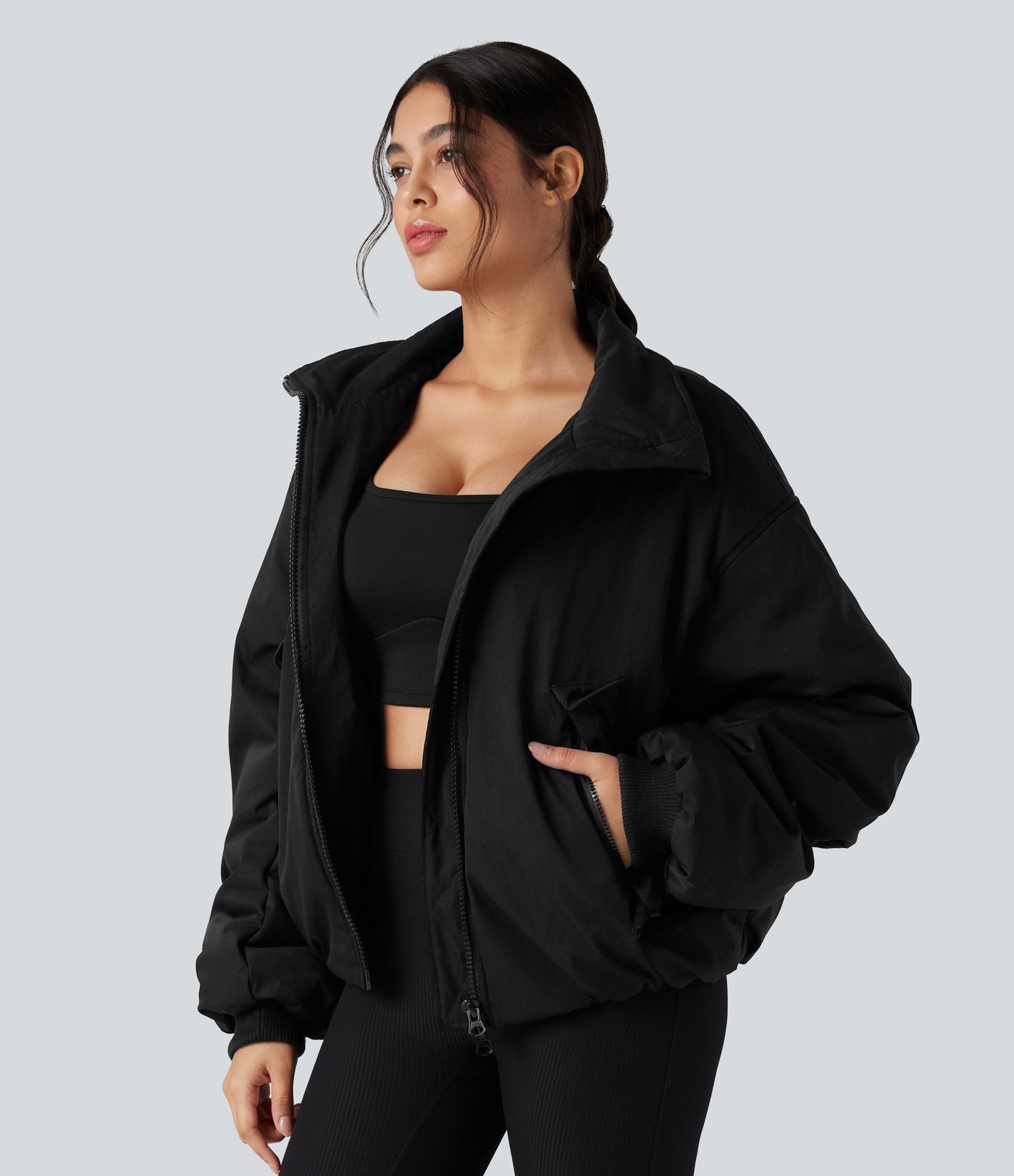 Doudoune casual zippée à col montant et manches longues avec poches