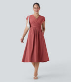 Robe midi Breezeful™ col V manches courtes à liens dans le dos séchage rapide avec poches latérales