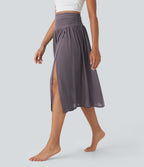 Jupe de danse mi-longue fluide 2-en-1 taille haute, fendue avec poche latérale