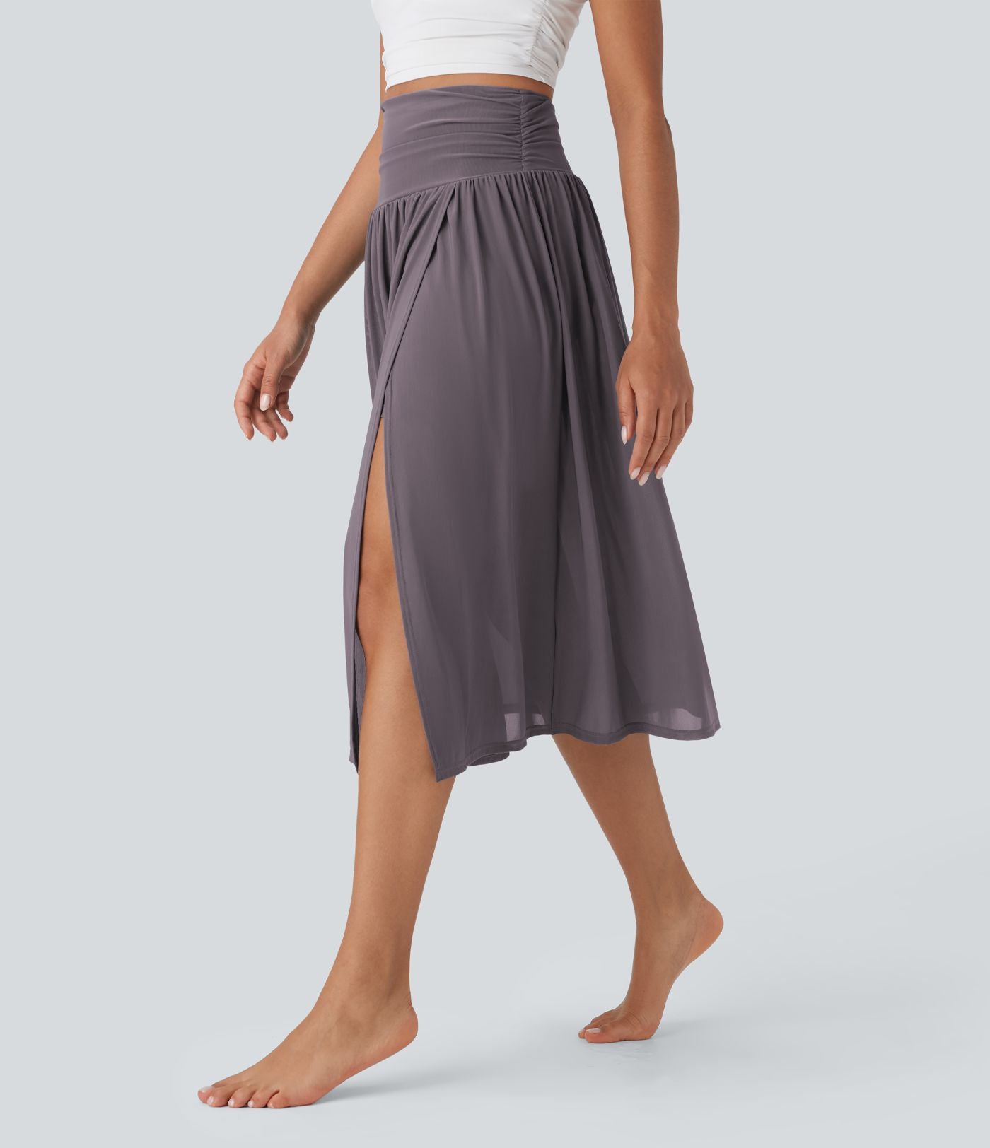 Jupe de danse mi-longue fluide 2-en-1 taille haute, fendue avec poche latérale