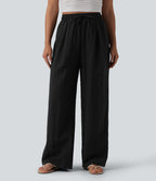 Pantalon casual ample lin taille haute à cordon de serrage avec poches