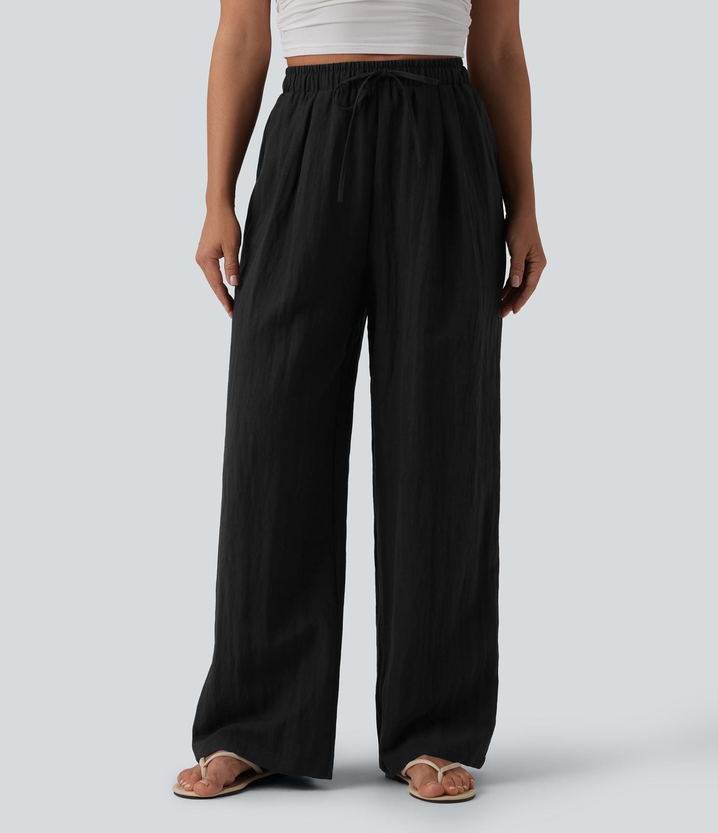 Pantalon casual ample lin taille haute à cordon de serrage avec poches