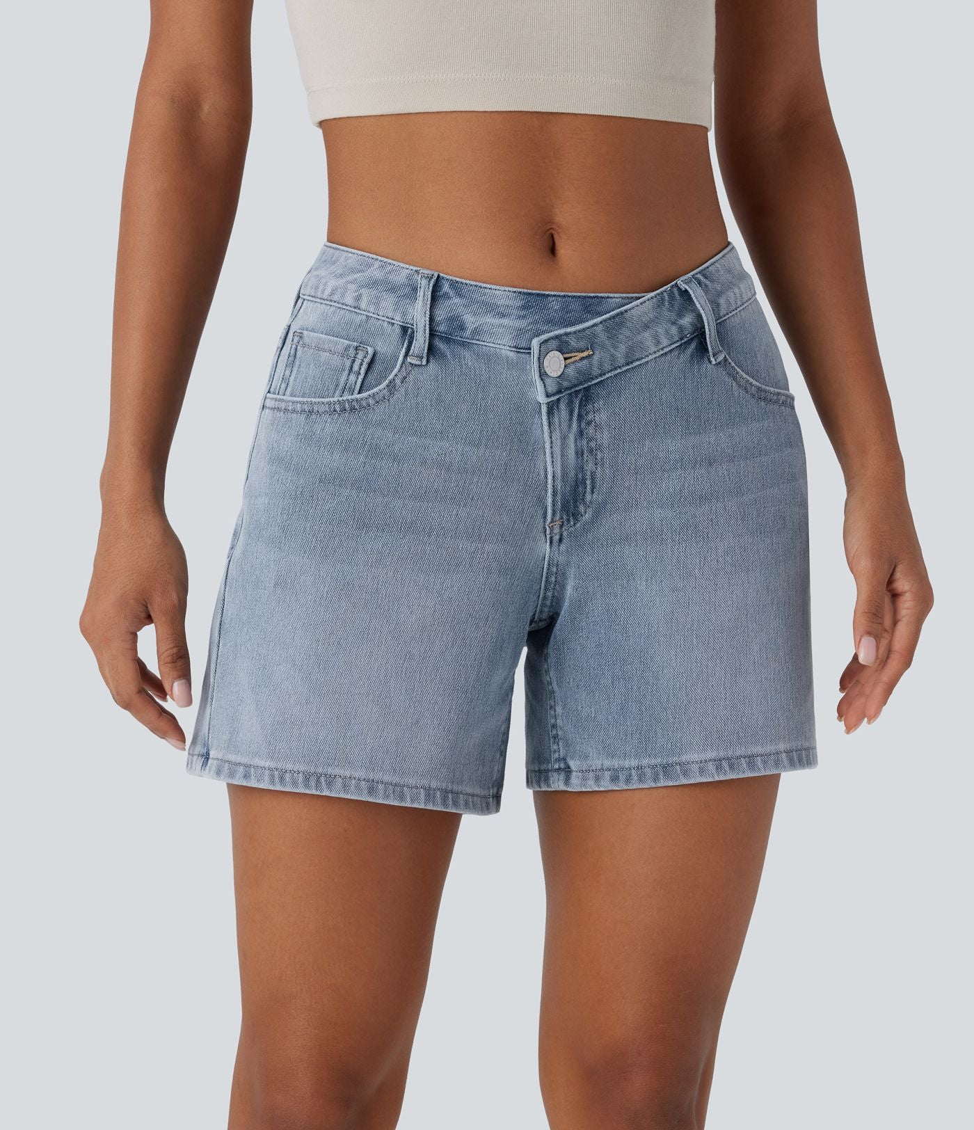 Short asymétrique en jean délavé Halara Flex™ taille basse à poches multiples