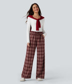 Pantalon baggy taille haute imprimé carreaux avec poches