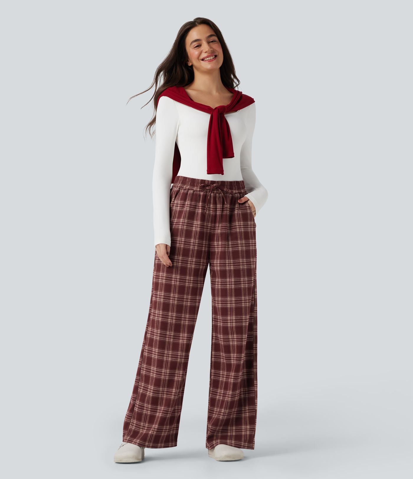 Pantalon baggy taille haute imprimé carreaux avec poches