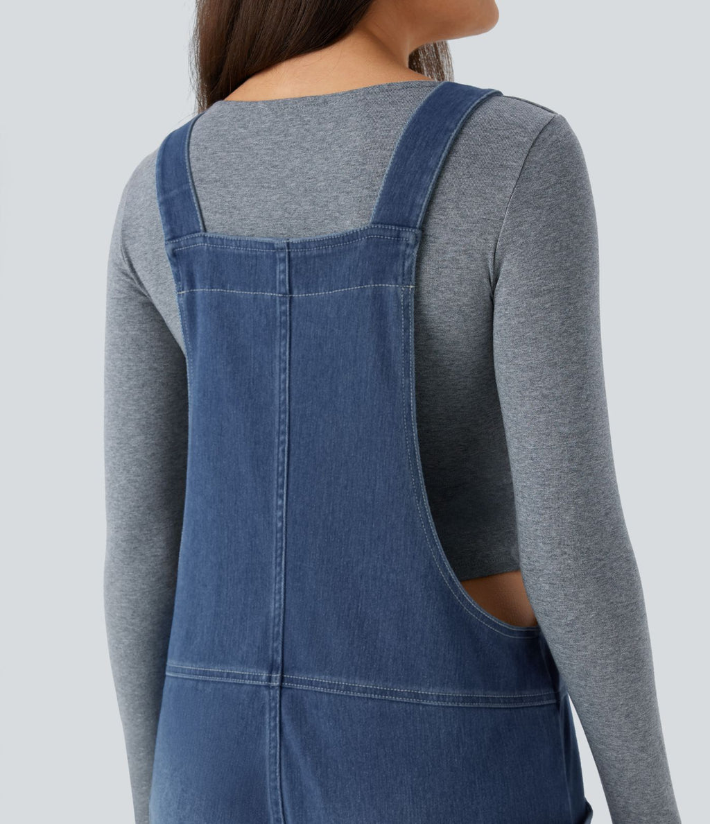Salopette décontractée Halara Flex™ en denim extensible délavé, col V et poches latérales