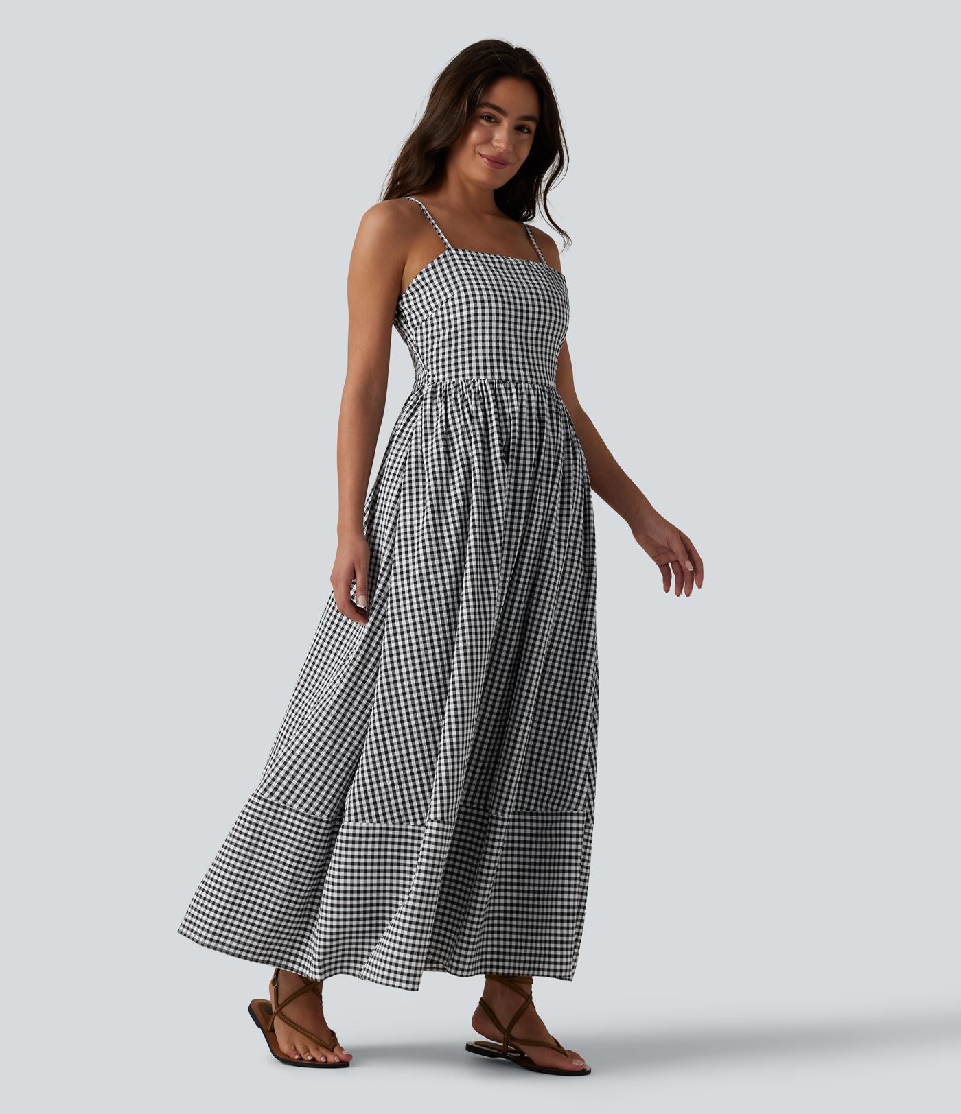 Robe longue fluide décontractée à bretelles motif vichy avec fermeture éclair invisible et poches