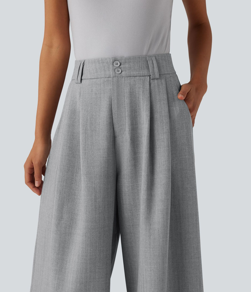 Pantalon tailleur 7/8 large plissé taille haute aspect lin avec poches