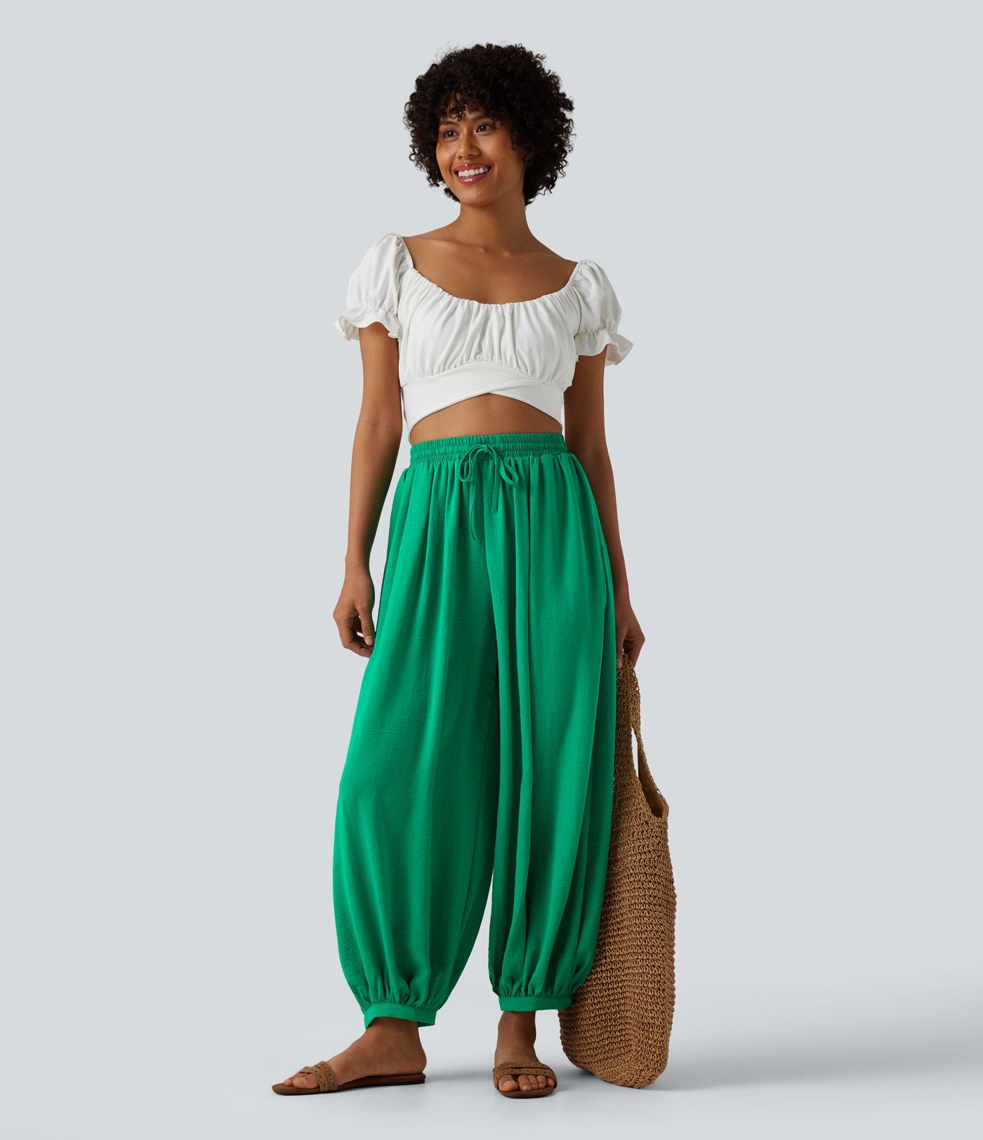 Pantalon ballon fluide resort taille haute effet lin avec cordon de serrage et poches