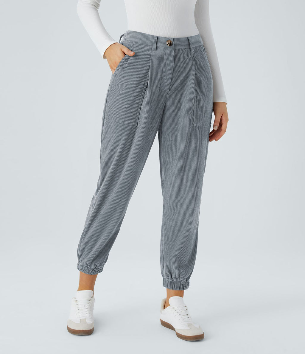 Pantalon décontracté en velours côtelé avec taille mi-haute, boutons et fermeture éclair