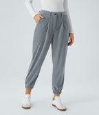 Pantalon décontracté en velours côtelé avec taille mi-haute, boutons et fermeture éclair