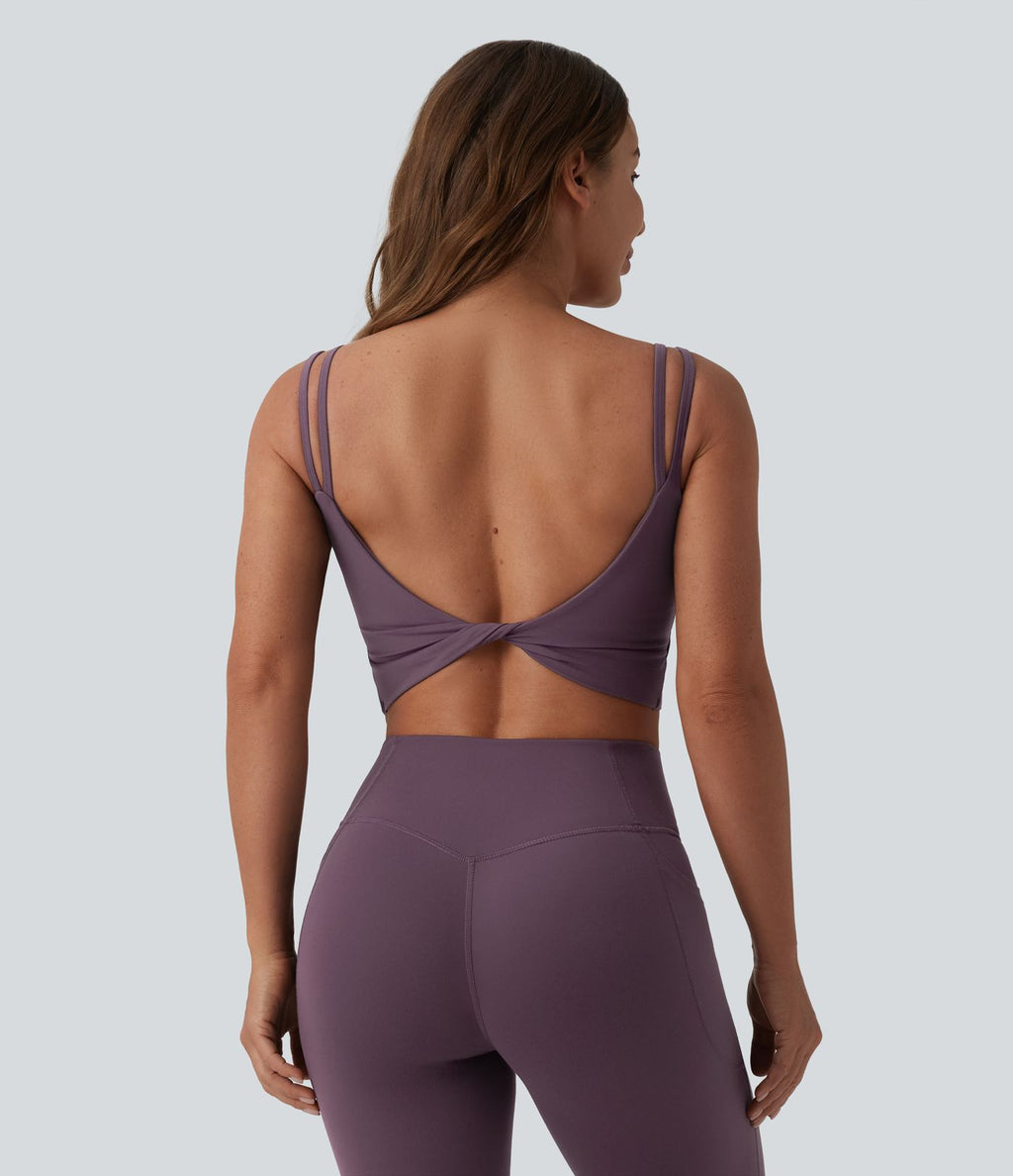 Débardeur de yoga cropped Halara UltraSculpt™ à doubles bretelles dos torsadé ouvert avec soutien-gorge intégré – Bonnets E-G