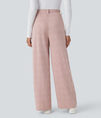 Pantalon taille haute décontracté large à carreaux, avec poches