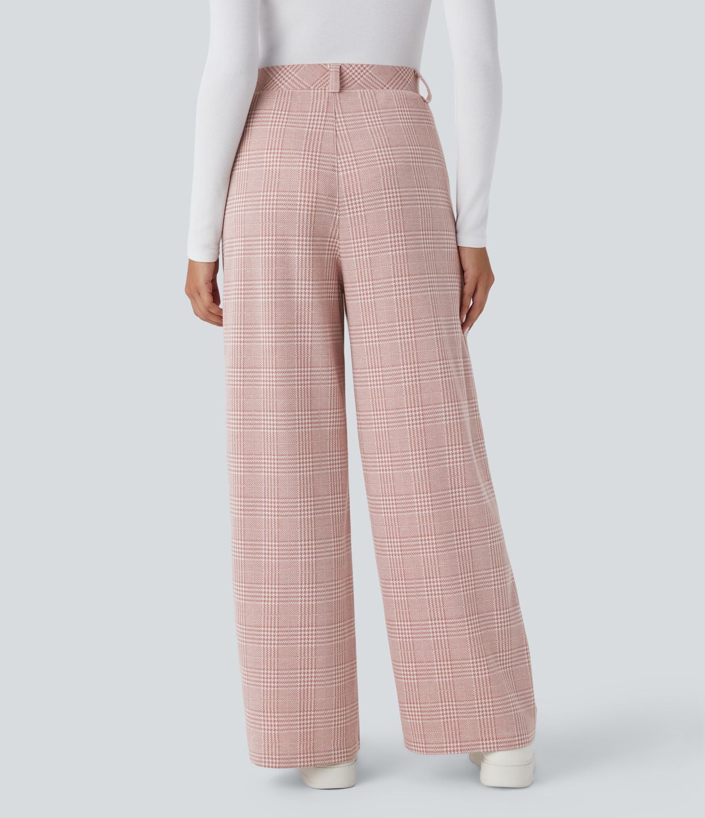 Pantalon taille haute décontracté large à carreaux, avec poches