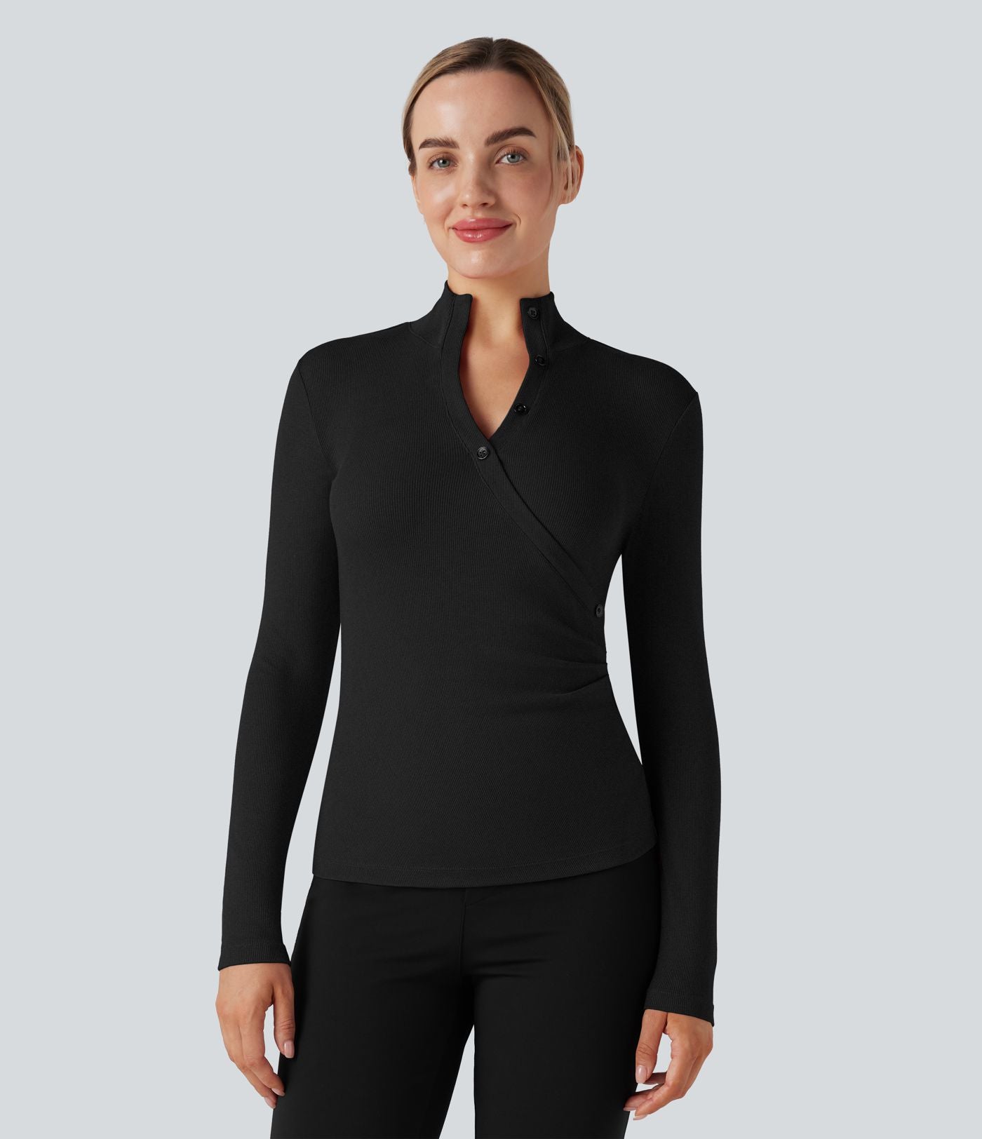 T-shirt tailleur côtelé col montant manches longues