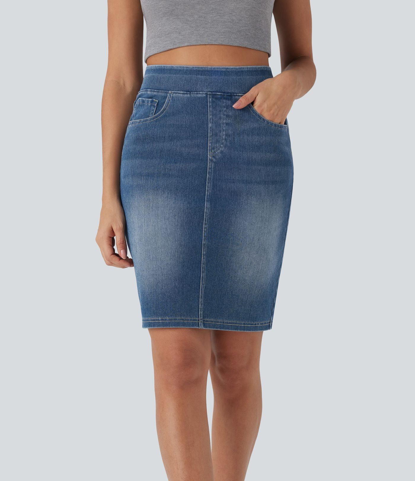 Halara Flex™ Jupe en Jean décontractée stretch délavé à taille haute, multiples poches et fente latérale