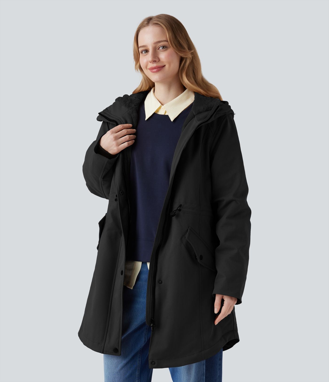 Parka sherpa polaire à capuche avec cordon de serrage et poches