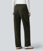 Pantalon velours côtelé imprimé léopard coupe droite taille mi-haute avec poches