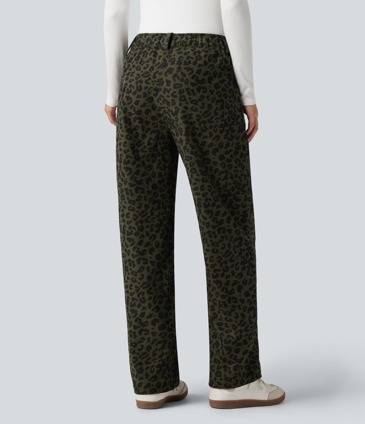 Pantalon velours côtelé imprimé léopard coupe droite taille mi-haute avec poches