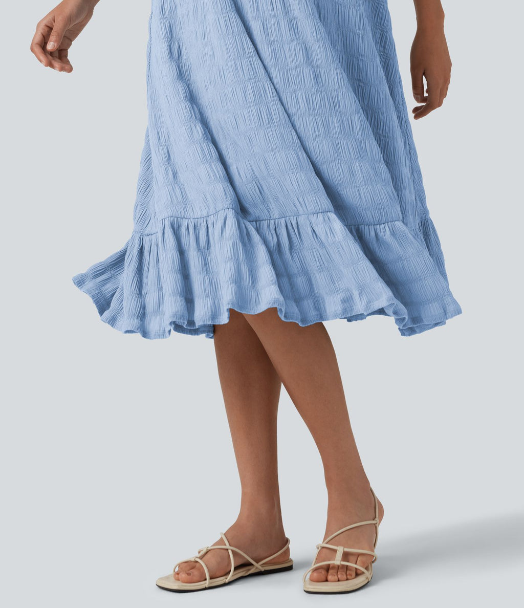 Robe midi sans manches à encolure arrondie avec coussinets amovibles et ourlet à volants