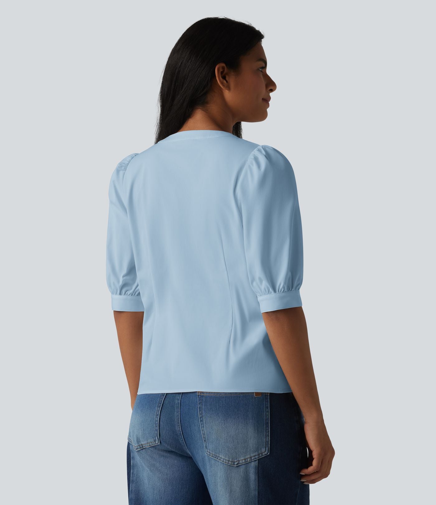 Blouse décontractée col Henley manches bouffantes mi-longues
