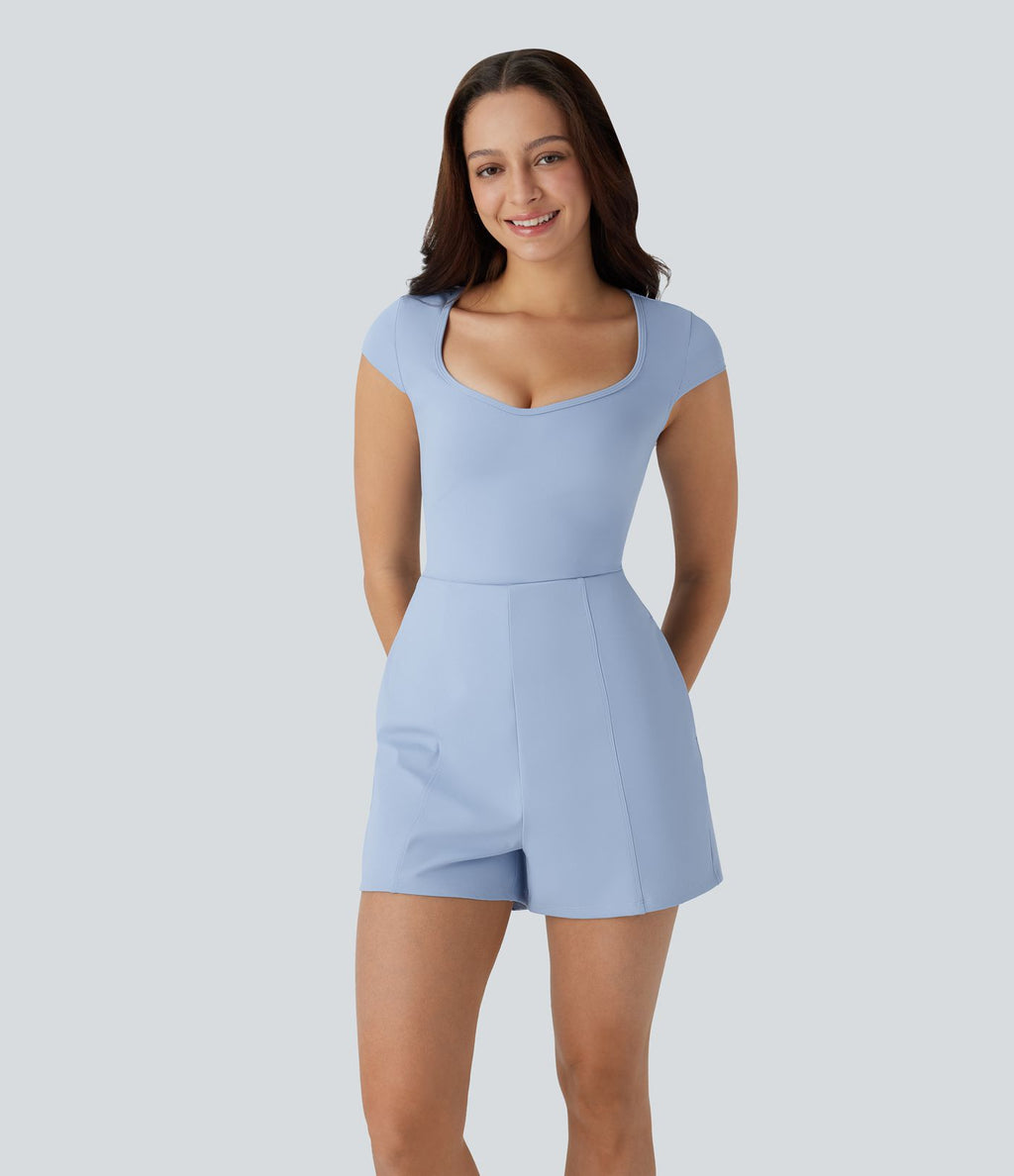 Combinaison de yoga Softlyzero™ Airy avec col U, manches courtes et poches latérales - Édition Easy Peasy