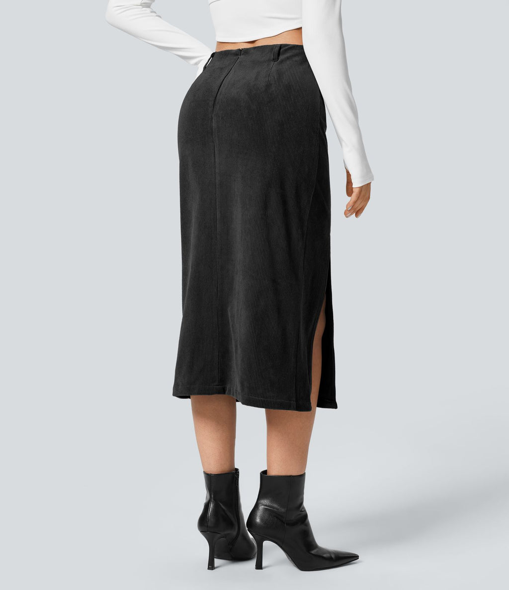 Jupe Casual en Velours Côtelé Mi-longue Taille Haute Fermeture Éclair Invisible et Fente fendue