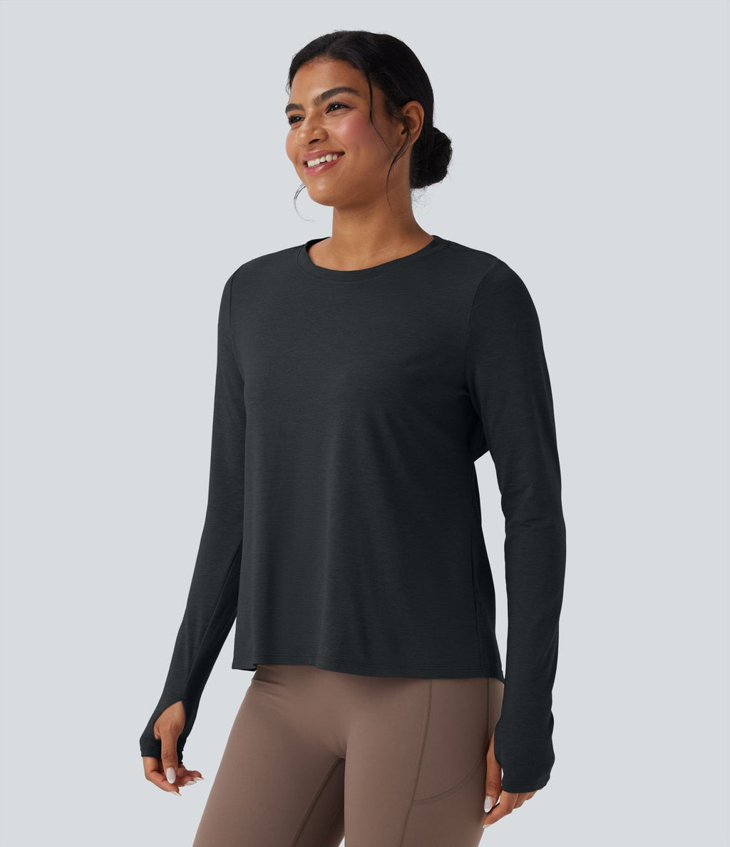 Haut de sport yoga dos nu manches longues avec trous pouces
