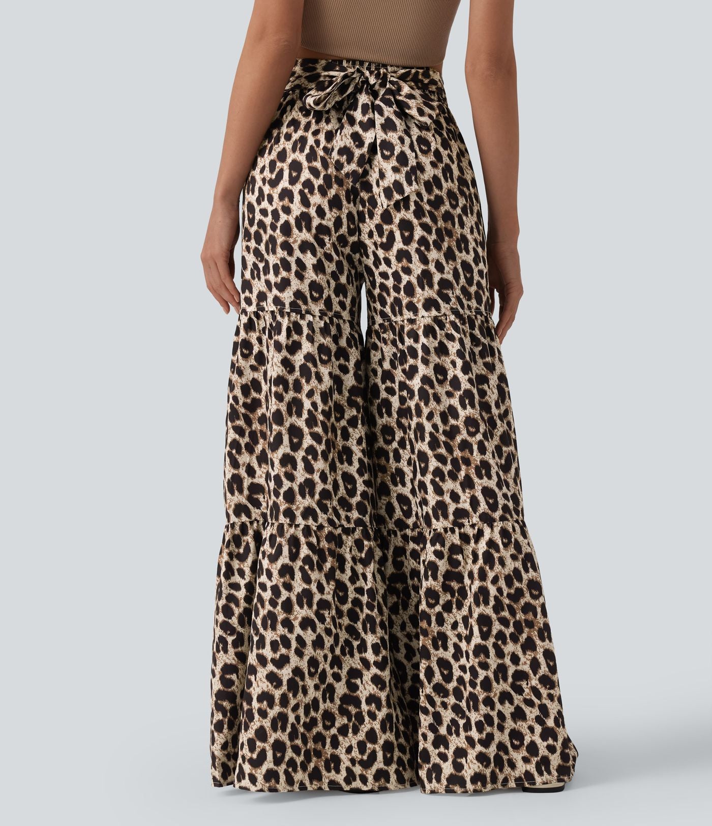 Pantalon ample décontracté taille mi-haute avec nœud devant imprimé léopard avec poches
