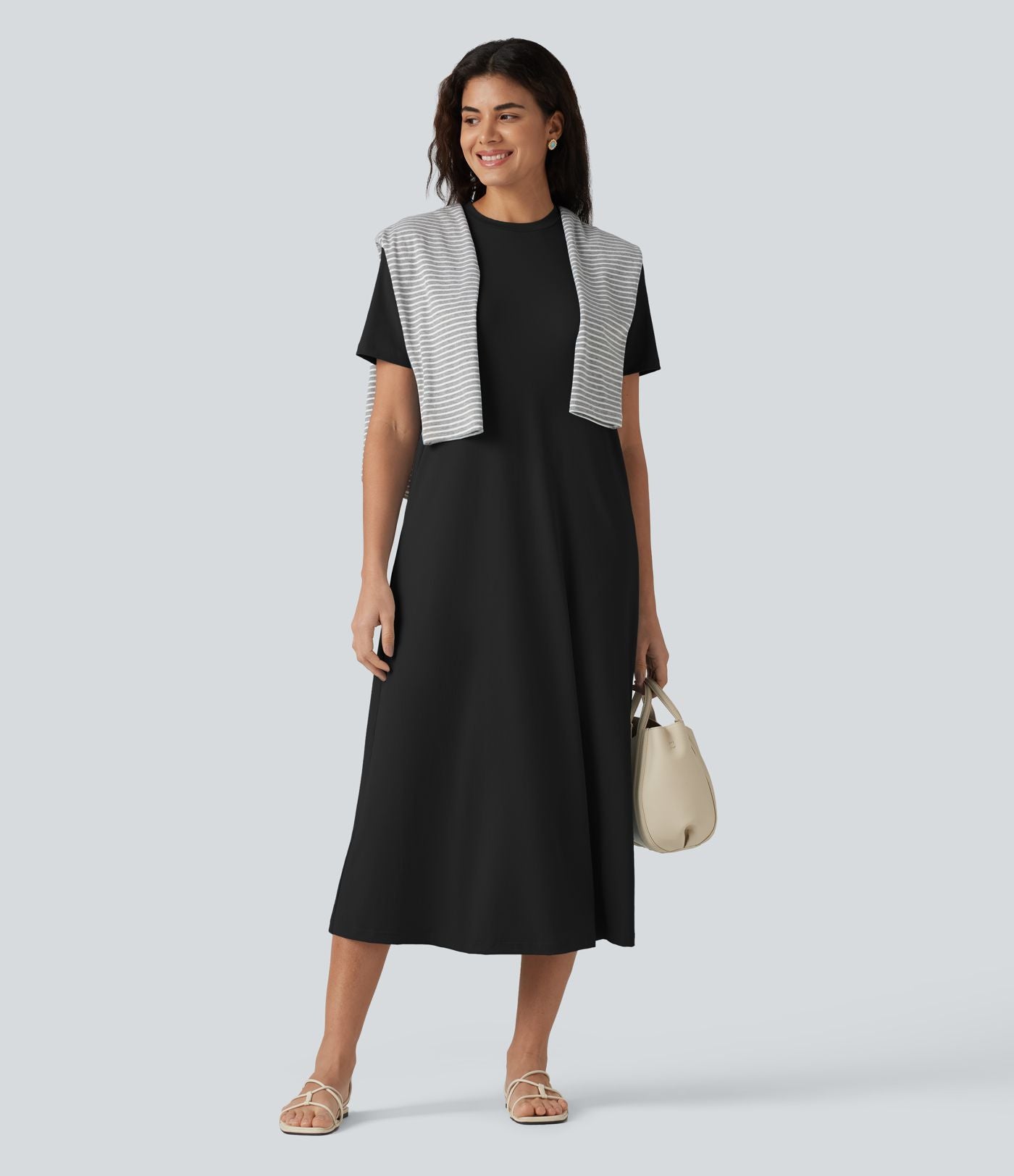Robe midi décontractée à col rond, manches courtes et poches