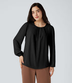 Blouse tailleur décontractée col rond dos keyhole manches bouffantes ourlet arrondi