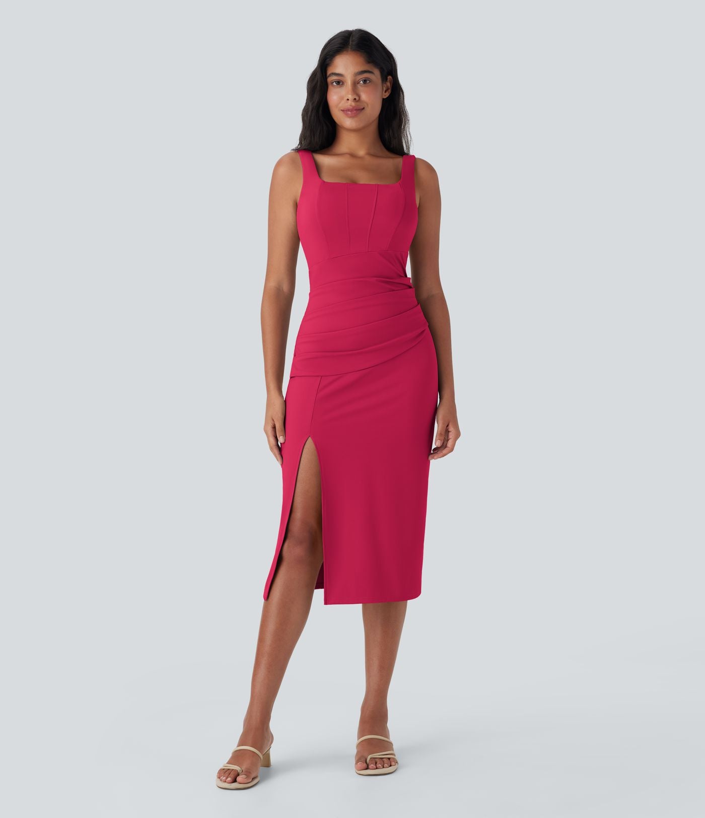Robe moulante mi-longue SoftlyZero™ Airy col carré corset froncée effet frais InstantCool, bonnets E-G