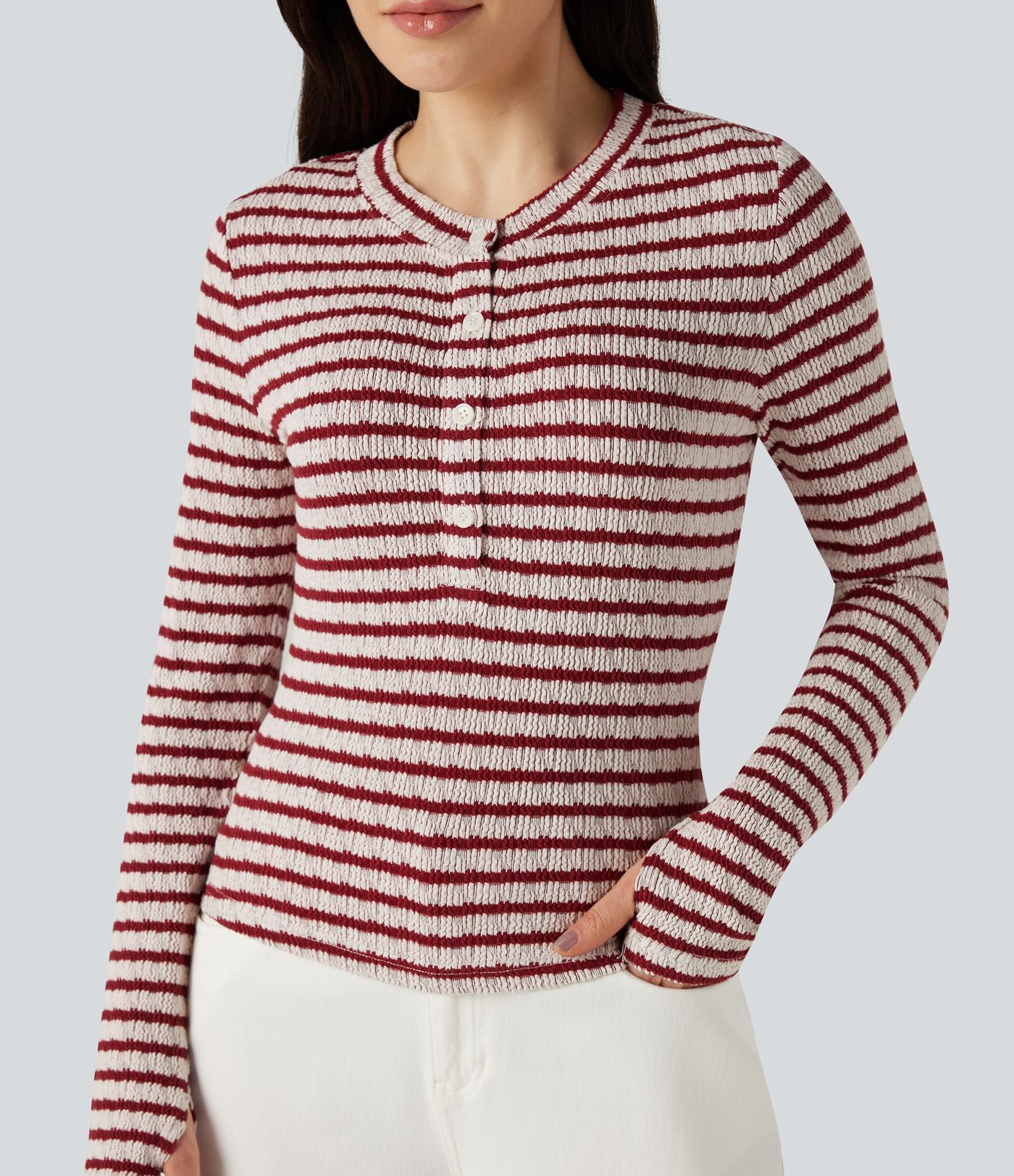 T-shirt rayé col Henley manches longues avec trous pouces