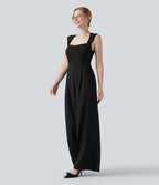 Combinaison-pantalon de mariage et demoiselle d'honneur sans manches encolure carrée avec dentelle contrastée et poches - Easy Peasy