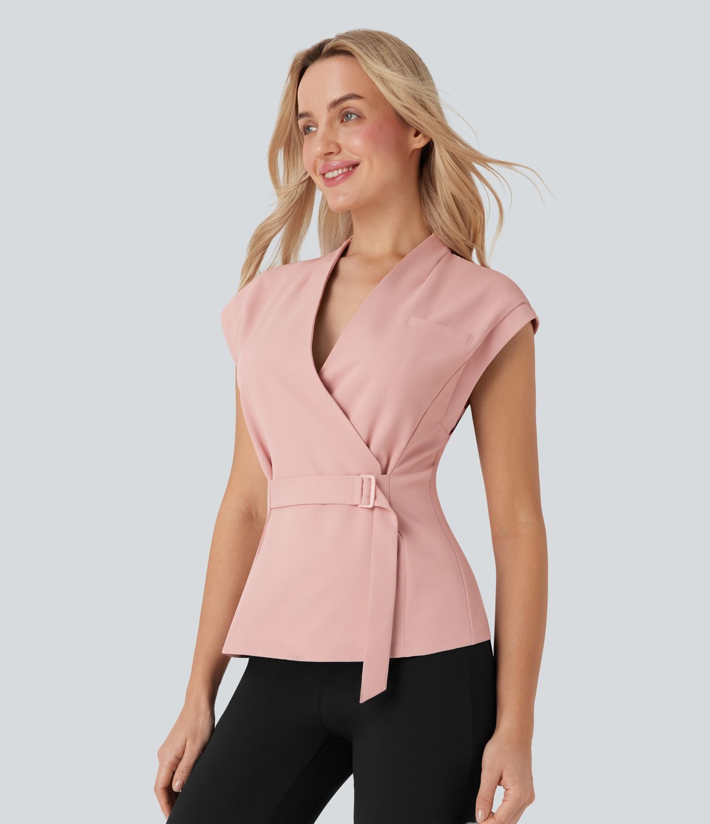 Veste short tailleur à col V, sans manches, portefeuille et ceinture