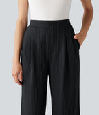 Pantalon tailleur large taille haute à rayures avec boutons décoratifs et poches