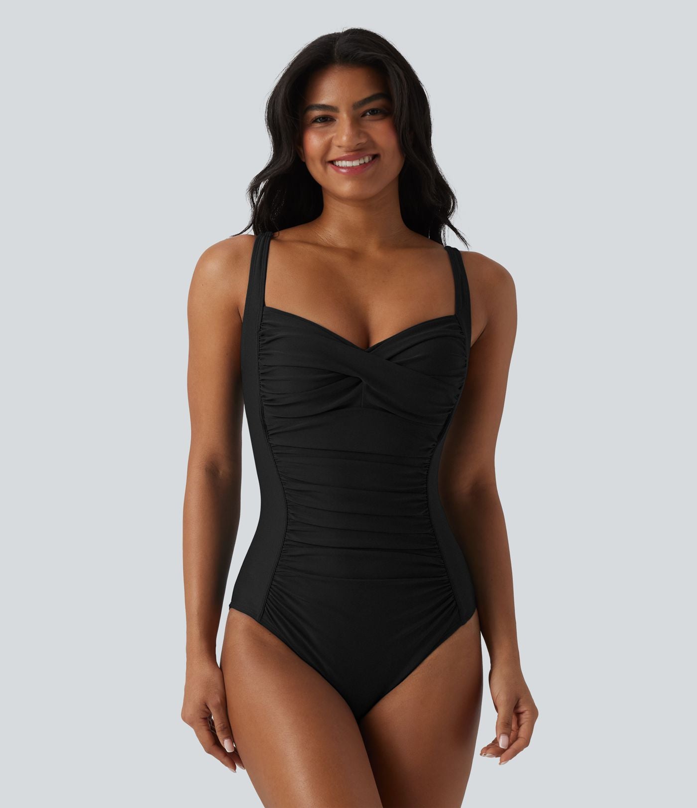 Maillot de bain une pièce gainant push-up col Queen Anne bretelles ajustables torsadé froncé
