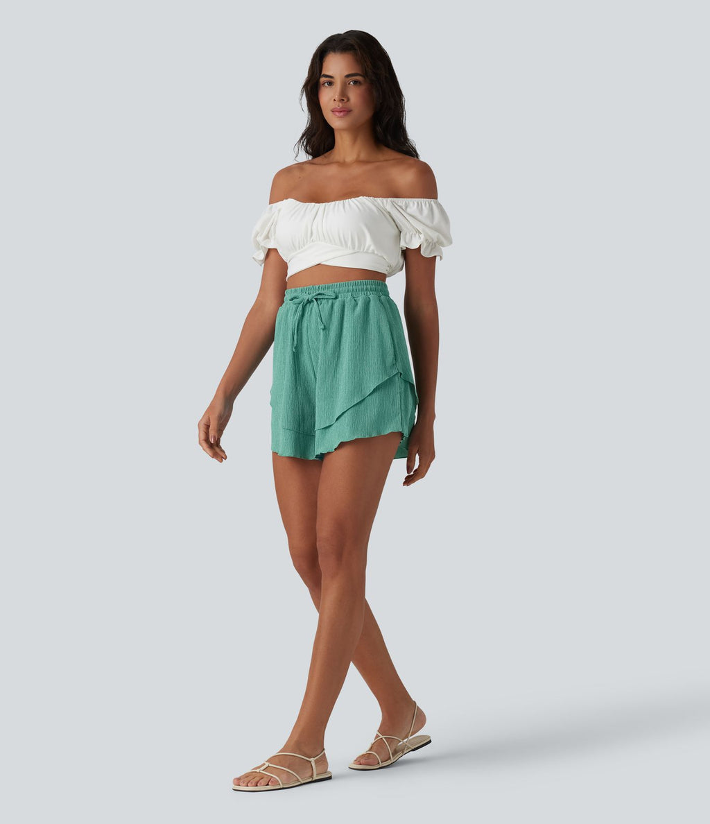Short taille haute 12,5 cm à cordon de serrage et ourlet volants superposés avec poches