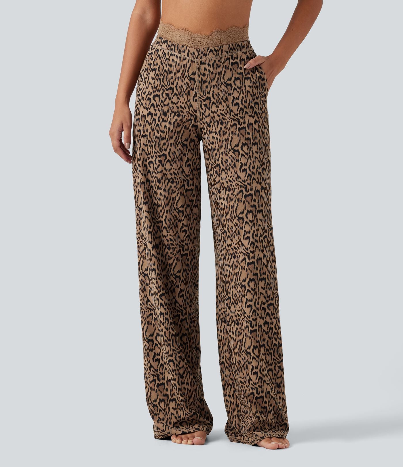Pantalon de yoga droit taille haute Halara UltraSculpt™ léopard avec dentelle contrastée et poches