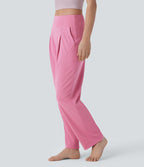 Pantalon de yoga droit en maille gaufrée, taille mi-haute, avec poche