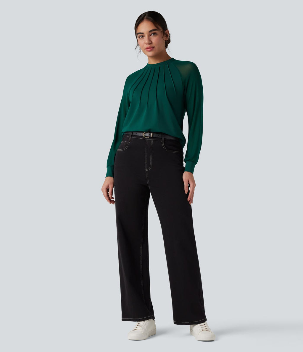 Blouse mesh contrastant col rond manches raglan longues