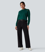 Blouse mesh contrastant col rond manches raglan longues