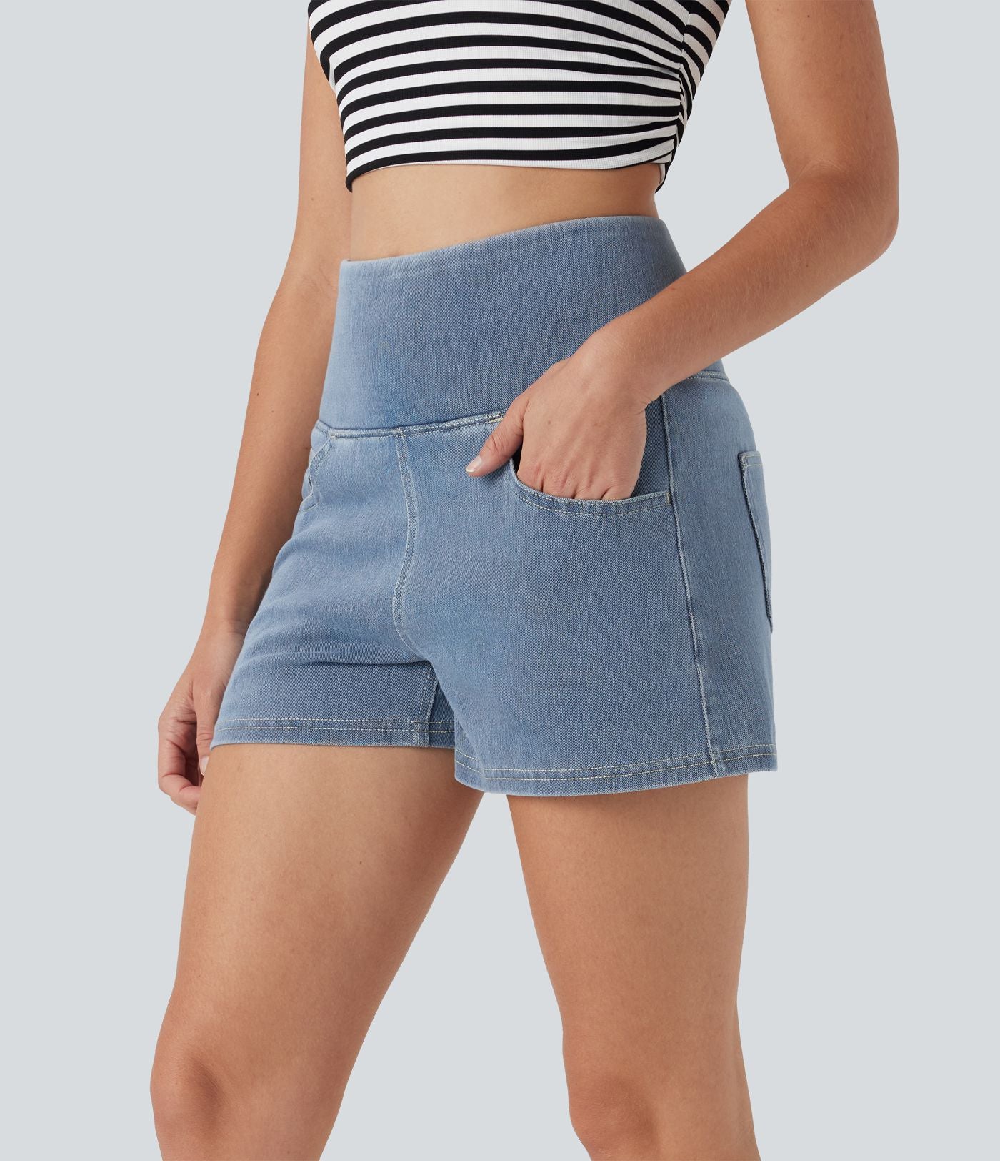 Short 7,5 cm décontracté gainant taille haute effet denim avec poches Halara Flex™