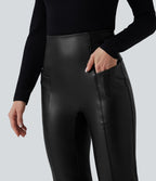 Pantalon évasé décontracté taille haute gainant en molleton PU extensible avec poches
