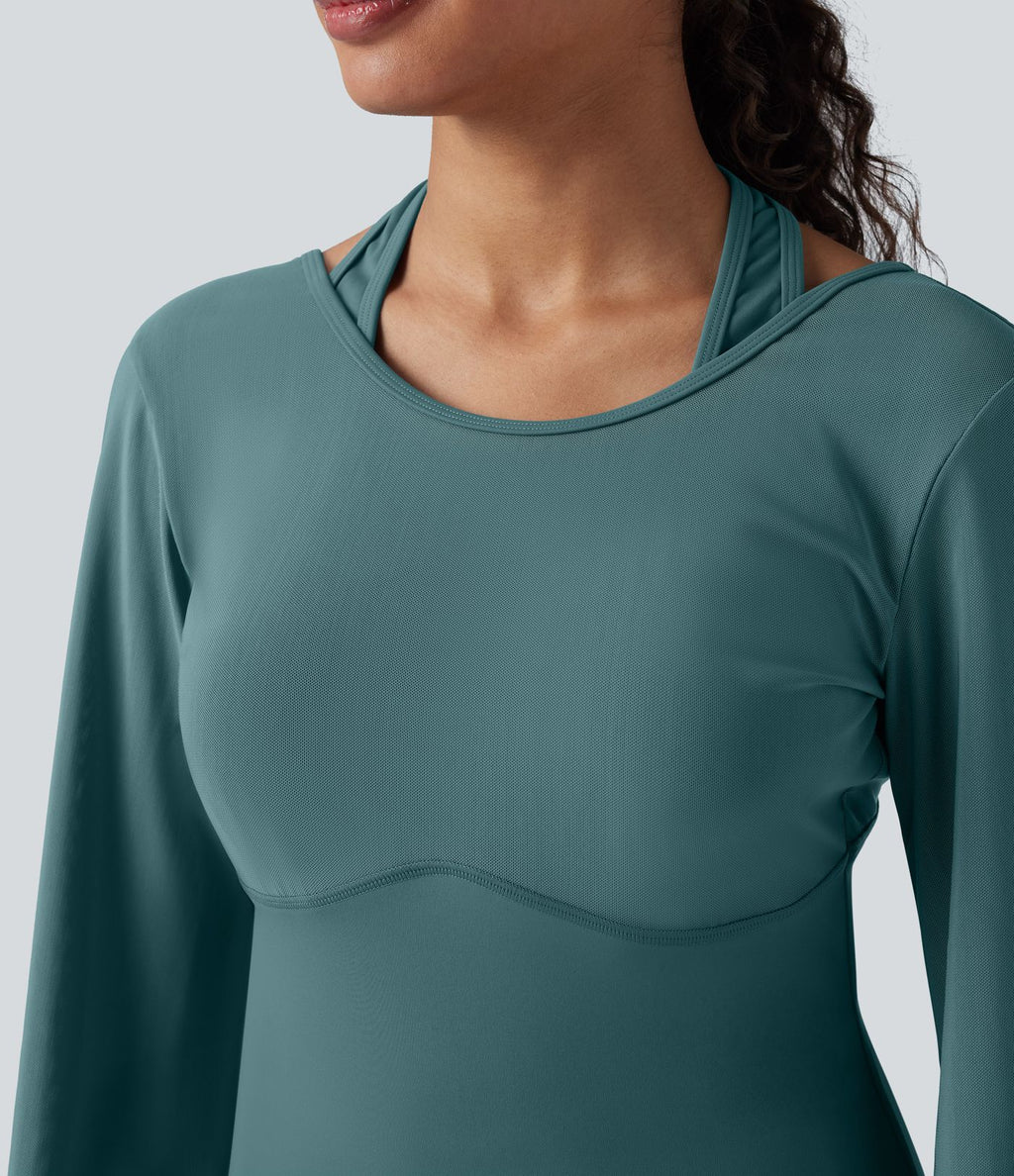 Haut de sport de yoga SoftlyZero™ aérien dos nu dos-nu manches longues bishop mesh contrastant - UPF50+